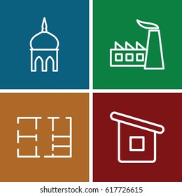 Building icons set. set of 4 building outline icons such as mosque, factory, house builidng