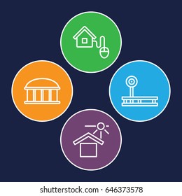 Building icons set. set of 4 building outline icons such as observatory, house under sun, smart home