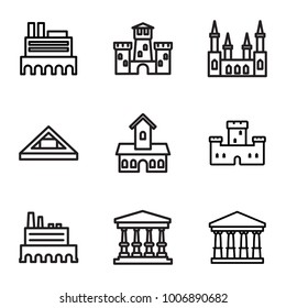 Building icons. set of 9 editable outline building icons such as castle, court