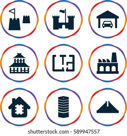 building icons set. Set of 9 building filled icons such as business centre, Chichen Itza, temple, factory, garage, plan, castle tower, castle