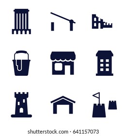 Building icons set. set of 9 building filled icons such as barrier, building, castle, garage, paint bucket, shop, castle tower