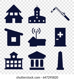 Building icons set. set of 9 building filled icons such as aid post, castle, monument, blowtorch, home signal