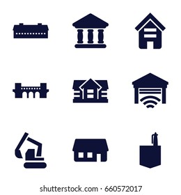 Building icons set. set of 9 building filled icons such as barn, house, bridge, office room, excavator, bank