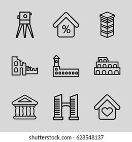 Building icons set. set of 9 building outline icons such as castle, Coliseum, bridge, theodolite, bank, love home, mortgage, broken house