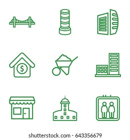 Building icons set. set of 9 building outline icons such as elevator, castle, bridge, business center, construction, house sale