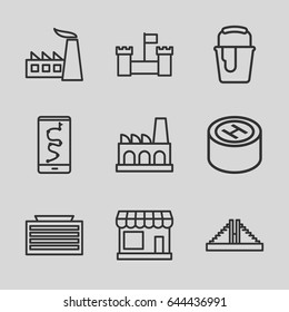 Building icons set. set of 9 building outline icons such as store, chichen itza, business center building, factory, paint bucket, hospital, castle