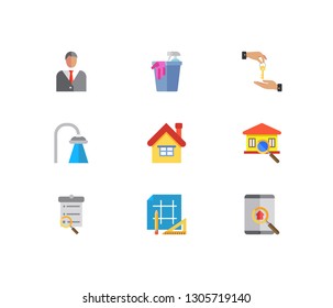 Building icons set. Agent and building icons with shower, search listing and deal. Set of cleanliness for web app logo UI design.