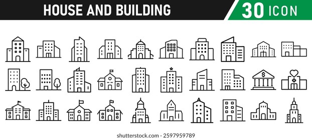 Building icons set, apartment, condominium, hospital, school, office, bank icons collection