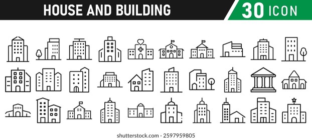 Building icons set, apartment, condominium, hospital, school, office, bank icons collection