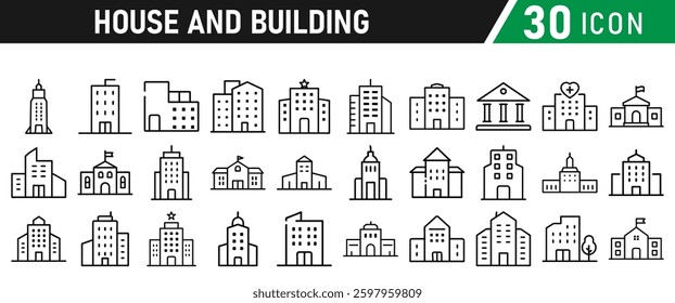 Building icons set, apartment, condominium, hospital, school, office, bank icons collection