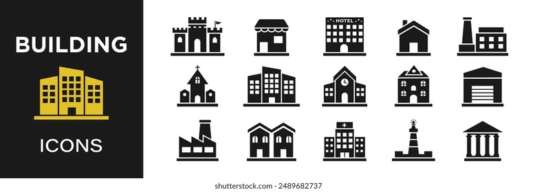 Building icons set. Bank, shop, hotel, hospital, home, town house, mall, church symbol. Apartment logotype. Vector.