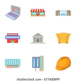 Building icons set. Cartoon set of 9 building vector icons for web isolated on white background