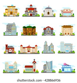 Building icons set city different buildings municipal and private isolated and colored vector illustration