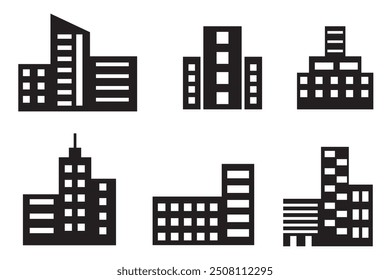 Building icons set. Cityscape vector elements. Minimalist black architecture. Urban skyline silhouettes.