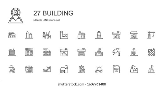 Building Icons Set. Collection Of Building With Blueprint, Field, Barn, Gym Station, Stadium, Farmer, Trowel, School, Garage, House, Colosseum. Editable And Scalable Building Icons.