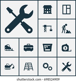 Building Icons Set. Collection Of Builder, Paint Bucket, Tractor And Other Elements. Also Includes Symbols Such As Home, Mechanism, Tools.