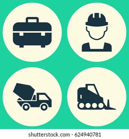 Building Icons Set. Collection Of Cement Vehicle, Engineer, Tractor And Other Elements. Also Includes Symbols Such As Builder, Bulldozer, Case.
