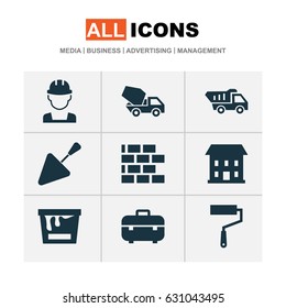 Building Icons Set. Collection Of Cement Vehicle, Paint Bucket, Equipment And Other Elements. Also Includes Symbols Such As Building, Case, Roller.