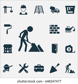 Building Icons Set. Collection Of Cement Vehicle, Entrance, Paint Roller And Other Elements. Also Includes Symbols Such As Cart, Vehicle, Wheelbarrow.