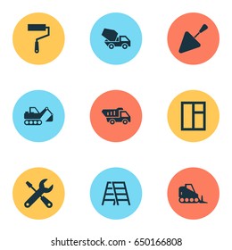 Building Icons Set. Collection Of Cement Vehicle, Spatula, Tractor And Other Elements. Also Includes Symbols Such As Roller, Paint, Tipper.