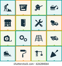 Building Icons Set. Collection Of Cogwheel, Home, Measure Tool And Other Elements. Also Includes Symbols Such As Crane, Construction, Gear.