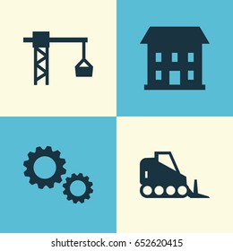 Building Icons Set. Collection Of Cogwheel, Tractor, Lifting Hook And Other Elements. Also Includes Symbols Such As Tower, Bulldozer, Gear.