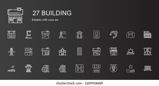 building icons set. Collection of building with column, bank, hotel, gym station, field, store, house, chimney, castle, airport, lighthouse. Editable and scalable building icons.