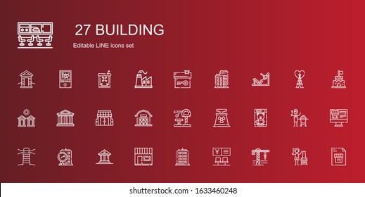building icons set. Collection of building with crane, bank, store, museum, lighthouse, toy, nuclear plant, barn, stores, parthenon, cabins. Editable and scalable building icons.