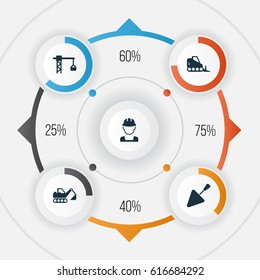 Building Icons Set. Collection Of Digger, Lifting Hook, Engineer And Other Elements. Also Includes Symbols Such As Tractor, Bulldozer, Tower.