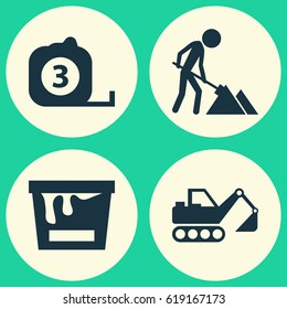 Building Icons Set. Collection Of Digger, Maintenance, Paint Bucket And Other Elements. Also Includes Symbols Such As Bucket, Vehicle, Maintenance.