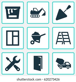 Building Icons Set. Collection Of Digger, Cement Vehicle, Service And Other Elements. Also Includes Symbols Such As Repair, Climb, Barrow.