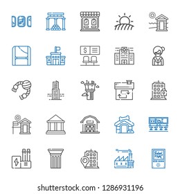 building icons set. Collection of building with domotics, factory, column, industry, airport, dog house, barn, museum, cabin, house, control tower. Editable and scalable building icons.