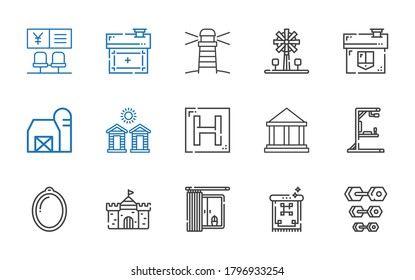 Building Icons Set. Collection Of Building With Dumbbell, Carpet, Window, Castle, Gym Station, Museum, Hotel, Cabins, Barn, House, Windmill. Editable And Scalable Building Icons.