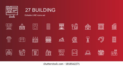 Building Icons Set. Collection Of Building With Field, Toga, Bank, Cabin, Real Estate, Mortgage, Hotel, Eiffel Tower, School, Motel, Church. Editable And Scalable Building Icons.