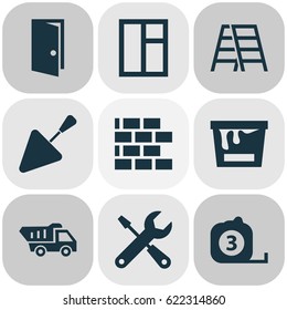 Building Icons Set. Collection Of Glass Frame, Spatula, Stair And Other Elements. Also Includes Symbols Such As Rule, Brickwork, Truck.