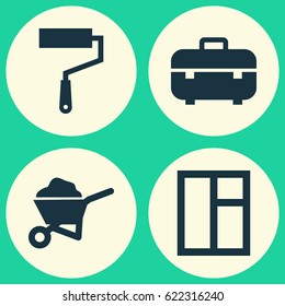 Building Icons Set. Collection Of Glass Frame, Carry Cart, Equipment And Other Elements. Also Includes Symbols Such As Window, Toolbox, Wheelbarrow.