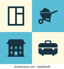 Building Icons Set. Collection Of Glass Frame, Equipment, Carry Cart And Other Elements. Also Includes Symbols Such As Toolbox, Home, Cart.