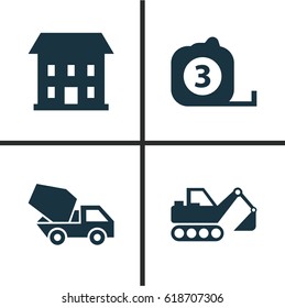 Building Icons Set. Collection Of Home, Digger, Cement Vehicle And Other Elements. Also Includes Symbols Such As Vehicle, Home, Tape.