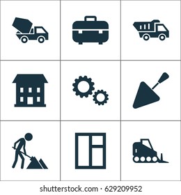 Building Icons Set. Collection Of Home, Truck, Maintenance And Other Elements. Also Includes Symbols Such As Case, Bricklayer, Equipment.