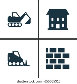 Building Icons Set. Collection Of Home, Wall, Tractor And Other Elements. Also Includes Symbols Such As Vehicle, Bulldozer, Brickwork.