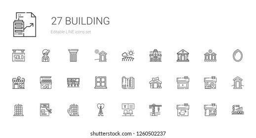 building icons set. Collection of building with house, crane, bank, eiffel tower, tax, dog house, blueprint, window, airport, store, museum. Editable and scalable building icons.