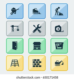 Building Icons Set. Collection Of Lifting Hook, Service, Digger And Other Elements. Also Includes Symbols Such As Tape, Entrance, Works.