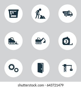 Building Icons Set. Collection Of Maintenance, Measure Tool, Entrance And Other Elements. Also Includes Symbols Such As Truck, Bulldozer, Crane.
