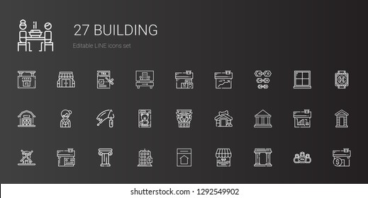 building icons set. Collection of building with museum, shop, home, architecture, house, windmill, dog house, column, toy, trowel, librarian. Editable and scalable building icons.