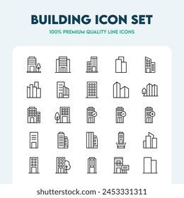 Building icons set. Collection of outline vector icons such as offices, schools, hospitals, and more. Premium quality icon collection. Editable strokes.