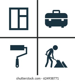 Building Icons Set. Collection Of Paint Roller, Glass Frame, Equipment And Other Elements. Also Includes Symbols Such As Construction, Glass, Window.