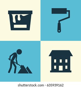 Building Icons Set. Collection Of Paint Roller, Maintenance, Paint Bucket And Other Elements. Also Includes Symbols Such As Wall, Can, Paint.