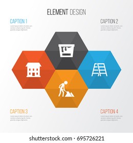 Building Icons Set. Collection Of Paint Bucket, Builder, Home And Other Elements. Also Includes Symbols Such As Stair, Can, Building.