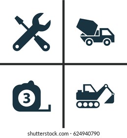 Building Icons Set. Collection Of Service, Digger, Cement Vehicle And Other Elements. Also Includes Symbols Such As Cement, Tools, Excavator.