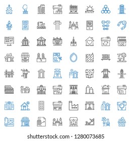 building icons set. Collection of building with shop, chimney, gym station, school, pierrade, real estate, blueprint, house, cabin, temple of apollo. Editable and scalable building icons.